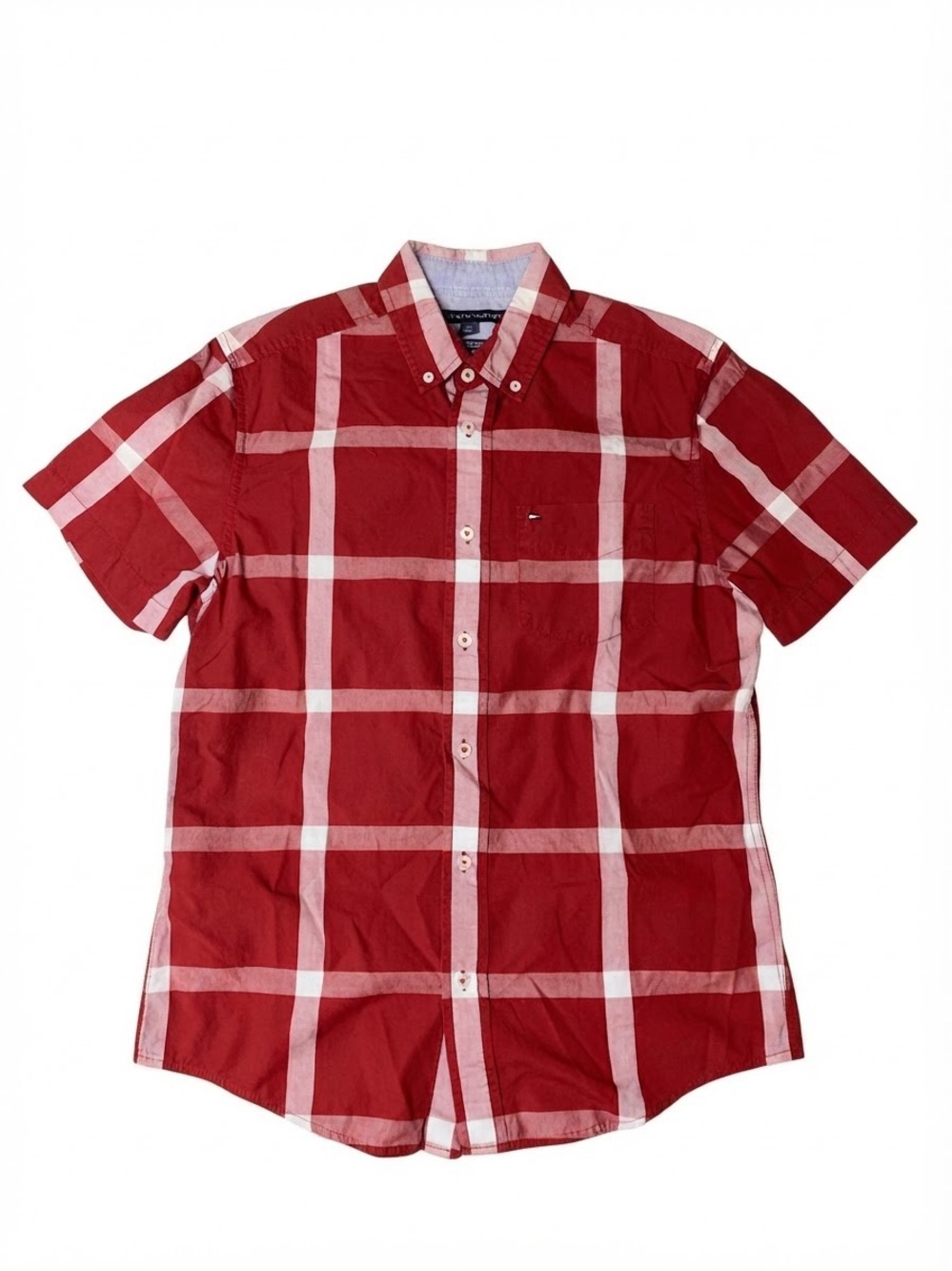 Tommy Hilfiger Men's Small Red White Grid Check Short Sleeve Shirt Custom Fit